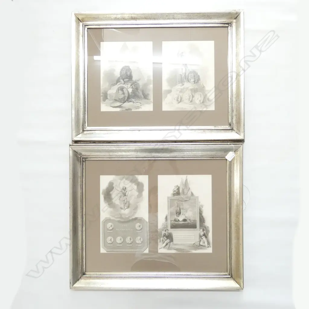 FOUR DECORATIVE 19thC STEEL ENGRAVINGS IN TWO SILVERED TIMBER FRAMES. EACH 560 X 670mm APPROX Image 1++