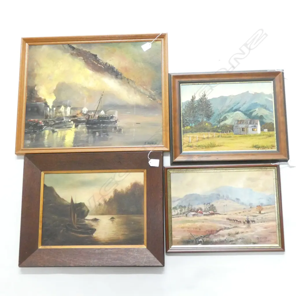 4 LANDSCAPE OILS; R. J. WIGG, J. I. WALLER '96, J. MARSHALL, SAILBOAT EARLY 20thC OAK FRAME Image 1++