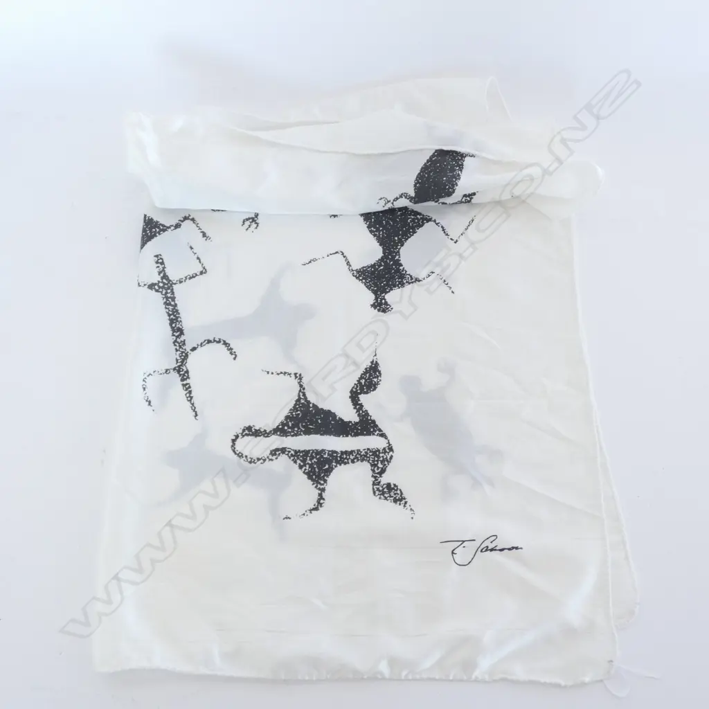 THEO SCHOON DECORATED SILK SCARF MAORI CAVE DRAWINGS Image 1++