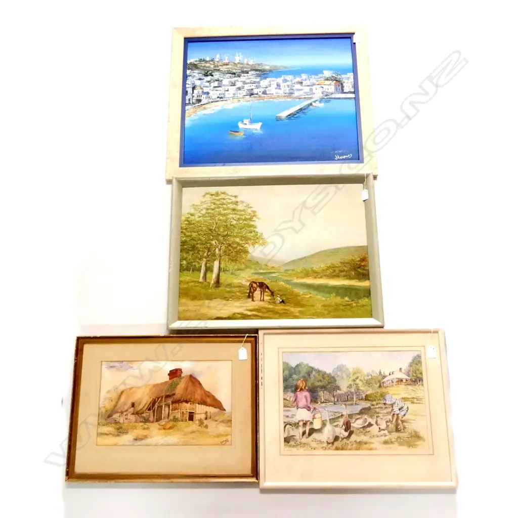 4 ARTWORKS; MYKONOS OIL, C. H. BUTLER LANDSCAPE, B. YATES CHILDREN & GEESE W/C 280 X 410MM, BARN W/C  Image 1++