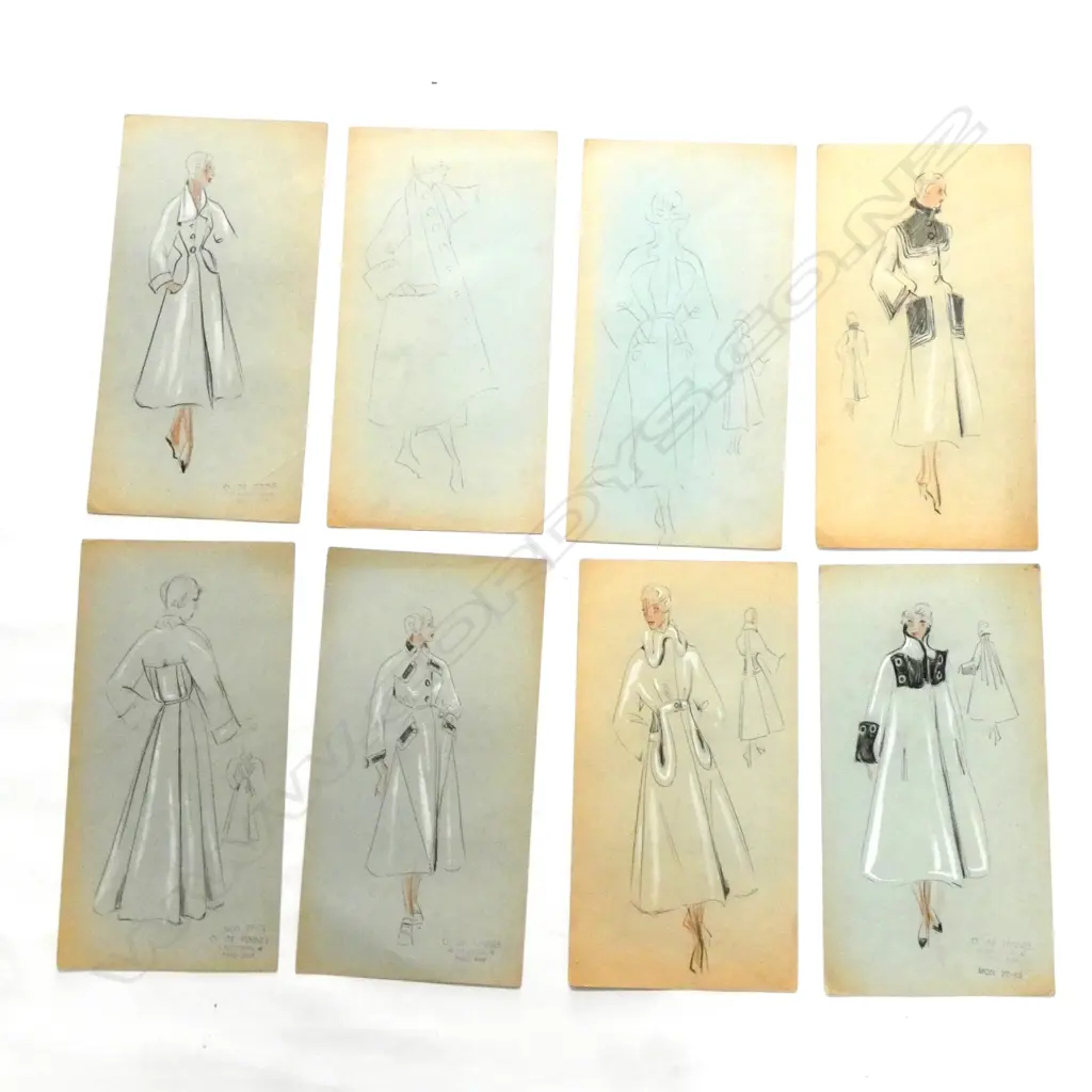 8 LEO TISSANDIE ORIGINAL DRAWN FASHION ILLUSTRATIONS C. 1940's Image 1++
