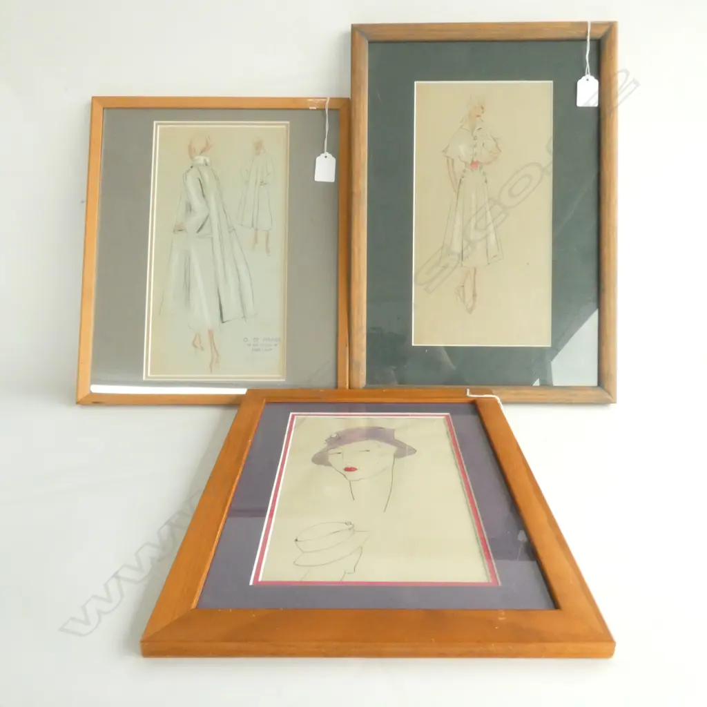 LARGEST 305 X 160MM. Each framed under glass. LEO TISSANDIE ORIGINAL DRAWN FASHION ILLUSTRATIONS C. 1940's Image 1++