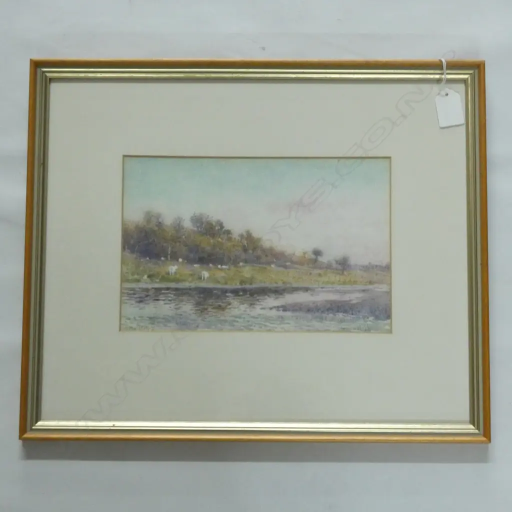 GEORGE HERBERT ELLIOT SHEEP AT RIVERSIDE WATERCOLOUR H165 W255  Image 1++