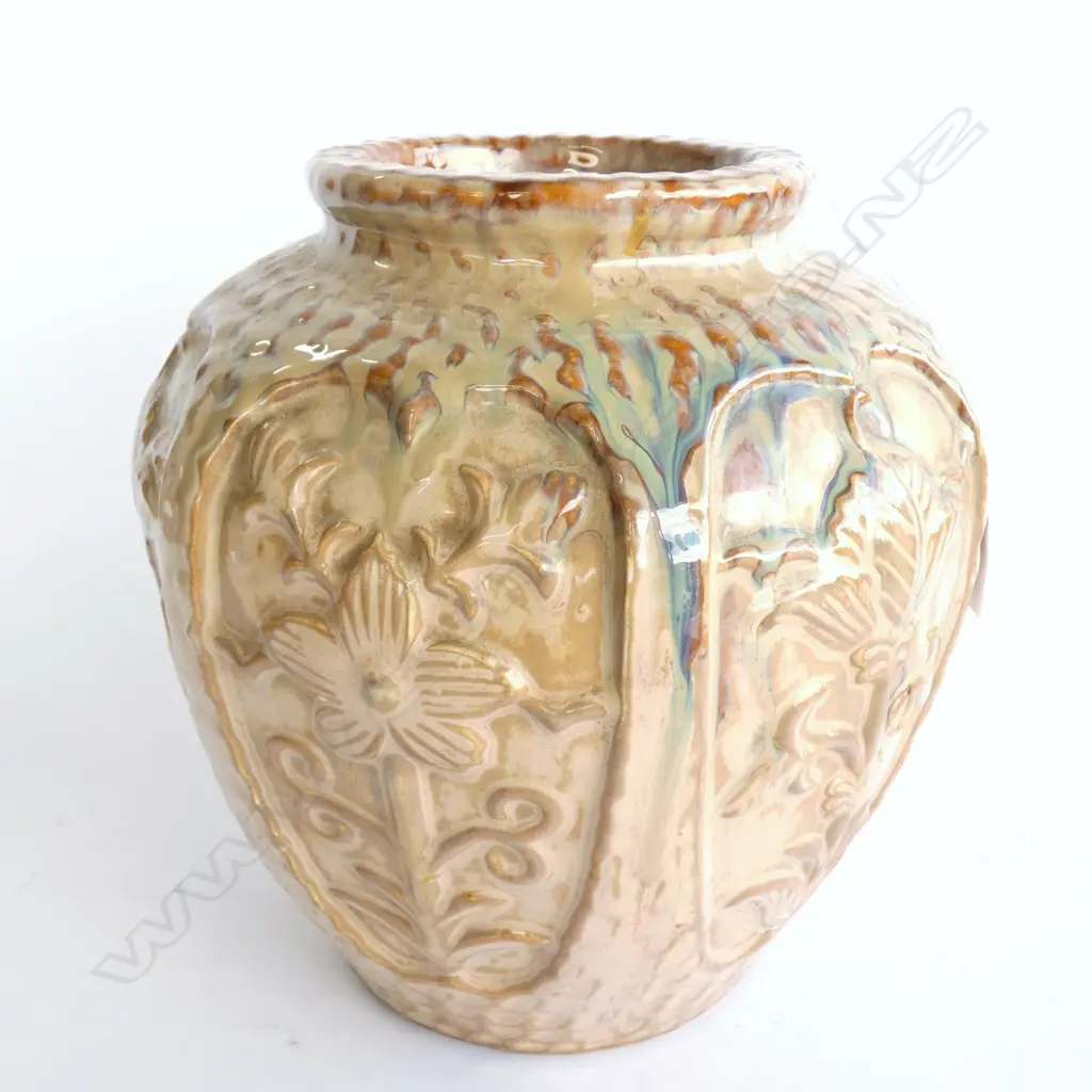 LG ORIENTAL BROWN & GREEN GLAZED STUDIO POTTERY VASE - FLOWER PANELS  H. 260MM Image 1++