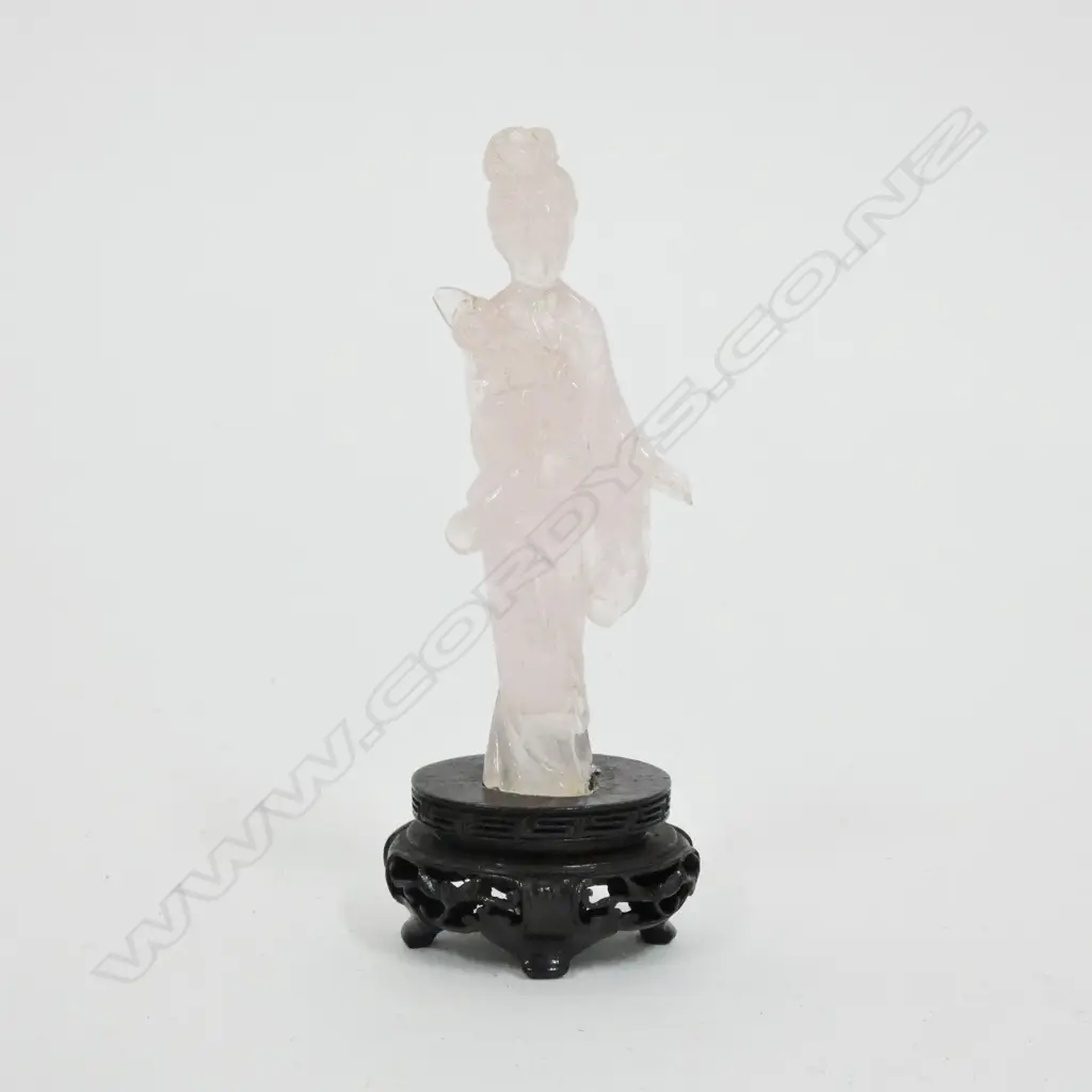 ROSE QUARTZ ORIENTAL LADY W. WOODEN STAND. H. 130MM Image 1++