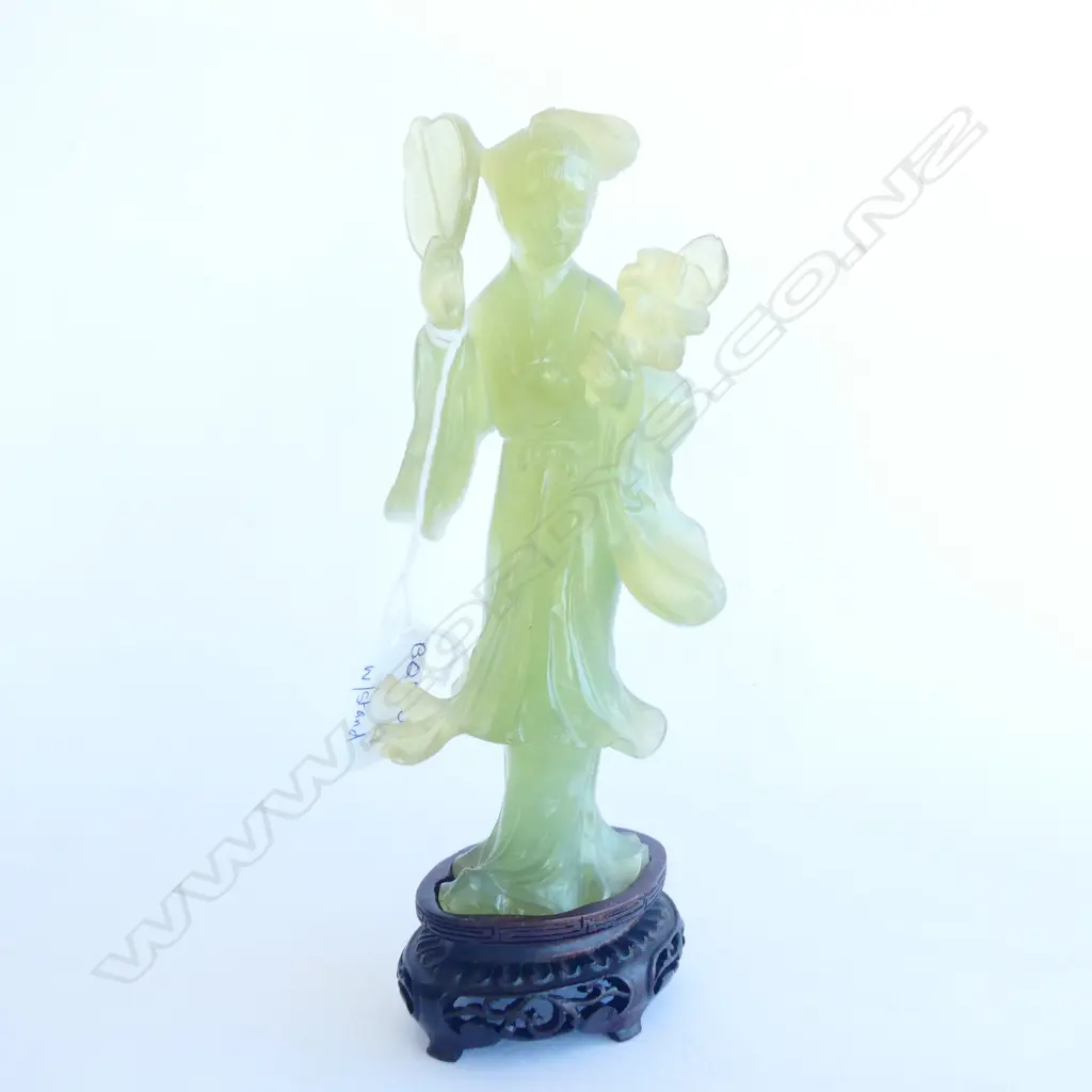 ORIENTAL GREEN CRYSOPHASE LADY W. WOODEN STAND H. 180MM Image 1++