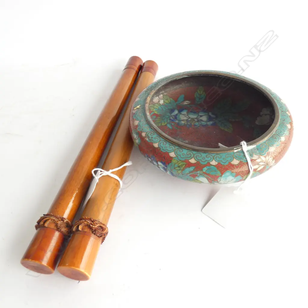 CHINESE CLOISONNE BOWL & PR SCROLL WEIGHTS? Image 1++
