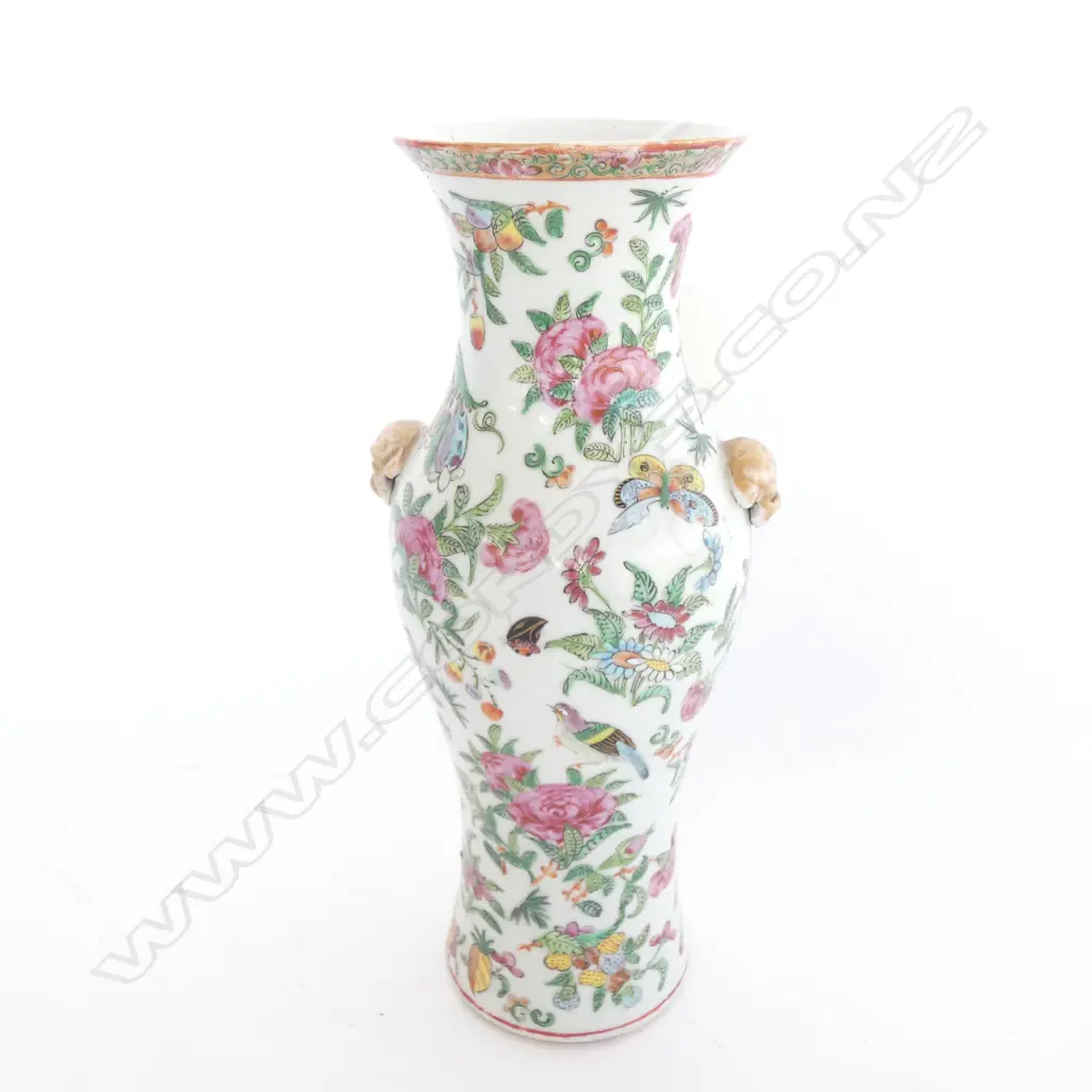 CHINESE PORCELAIN FAMILLE ROSE VASE w GILDED MASK HANDLES Image 1++