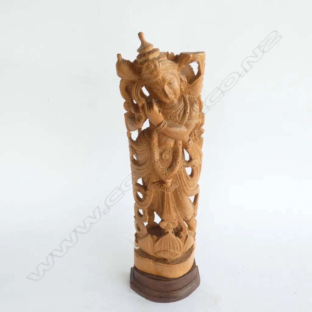 OLD FINELY CARVED WOODEN INDIAN  GODDESS ON ROSEWOOD STAND - FLUTE MISSING H. 290MM Image 1++