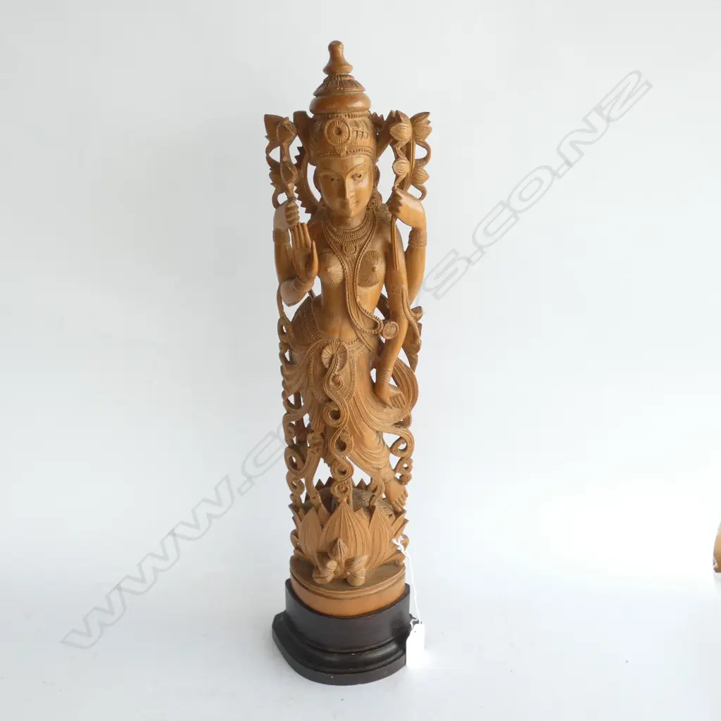 OLD INDIAN FINELY WOODEN CARVED GODDESS ON ROSEWOOD STAND H. 480MM Image 1++
