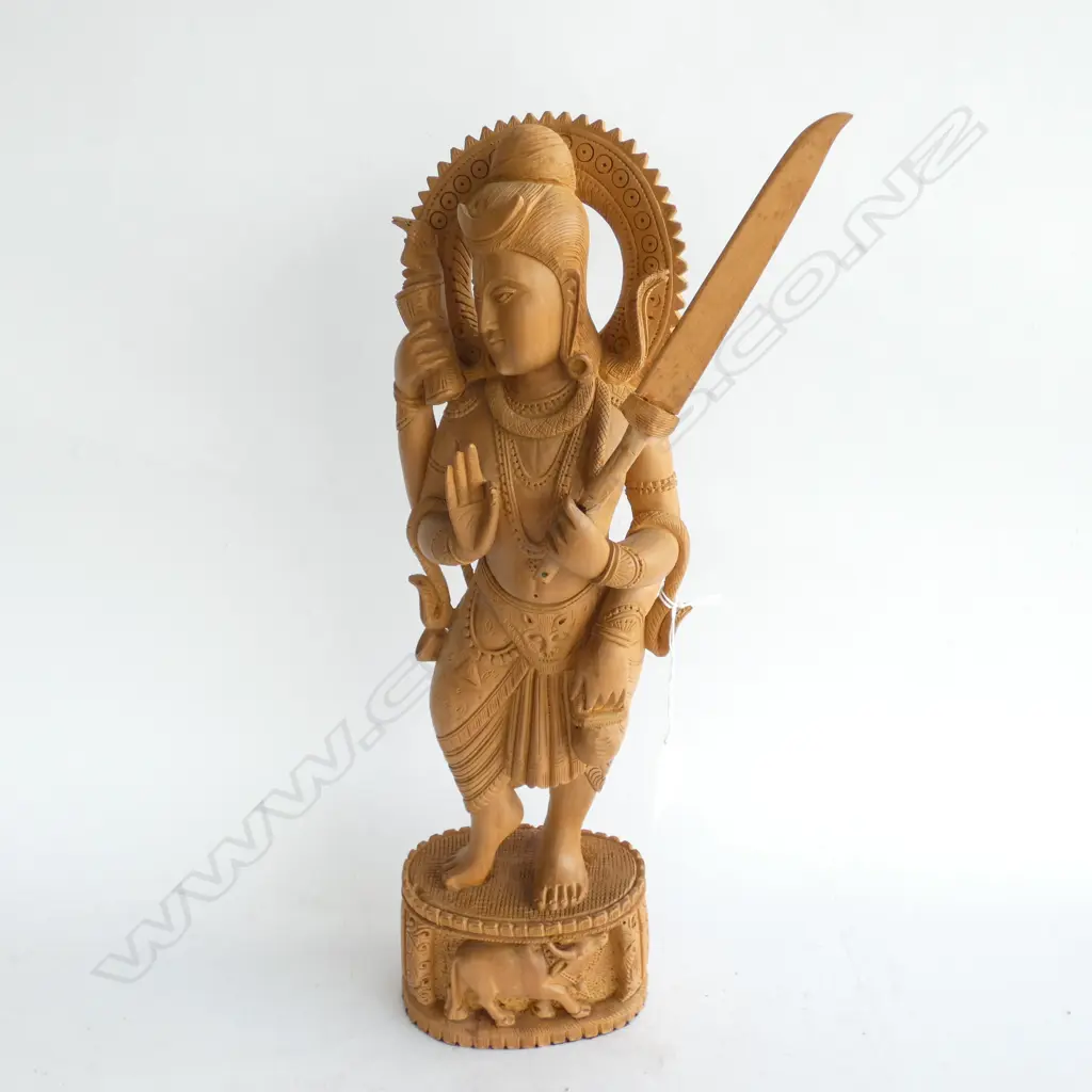 OLD FINELY CARVED WOODEN INDIAN GODDESS ON STAND CARVED WITH BULLOCK & LION H. 400MM Image 1++