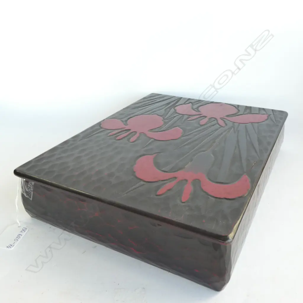 ORIENTAL BLACK & RED IRIS DECORATED CALIGRAPHY BOX W. CONTENTS  300 X 225MM Image 1++