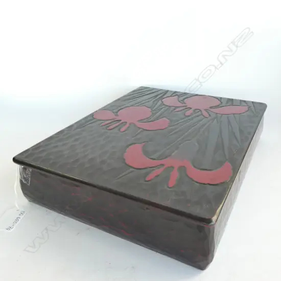 ORIENTAL BLACK & RED IRIS DECORATED CALIGRAPHY BOX W. CONTENTS  300 X 225MM