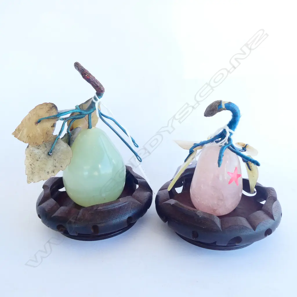 TWO PEARS W. LEAVES ON WOODEN STANDS. 1 ROSE QUARTZ & 1 GREEN CRYSOPHASE TALLEST  H 125MM Image 1++
