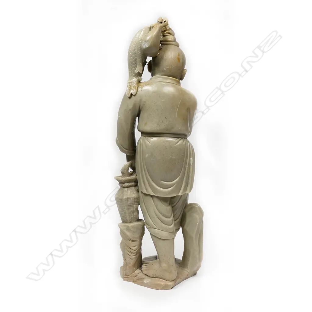 ORIENTAL CARVED HARDSTONE FIGURE OF FISHERMAN WITH FISH & POLE,  FAULTS, H. 410MM Image 1++