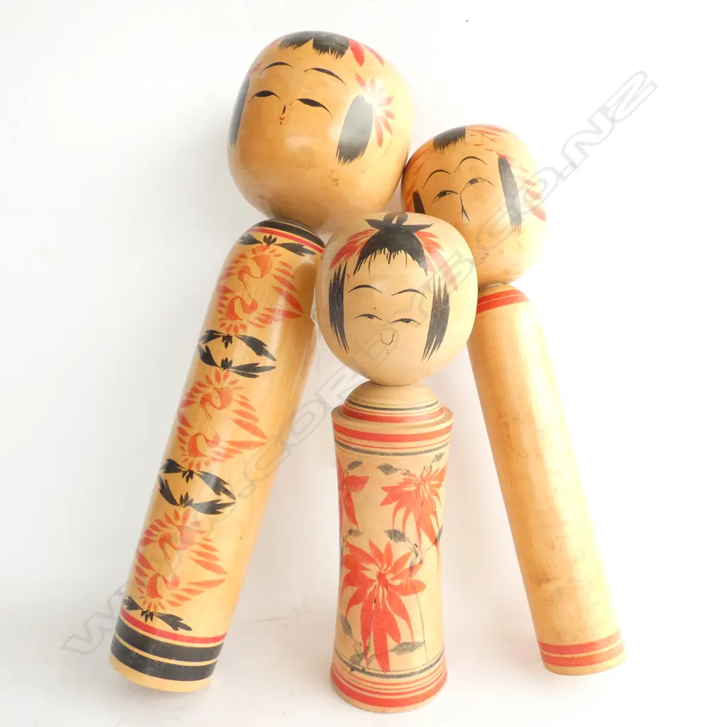 3 VINTAGE JAPANESE KOKESHI DOLLS TALLEST 355mm Image 1++