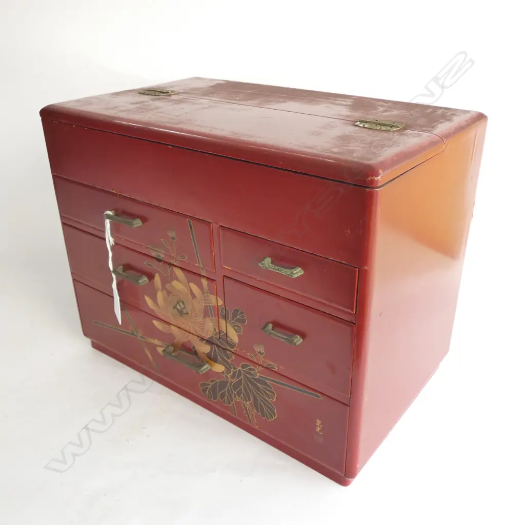 JAPANESE RED LACQUER SEWING BOX  325 X 200 X 250MM Image 1++