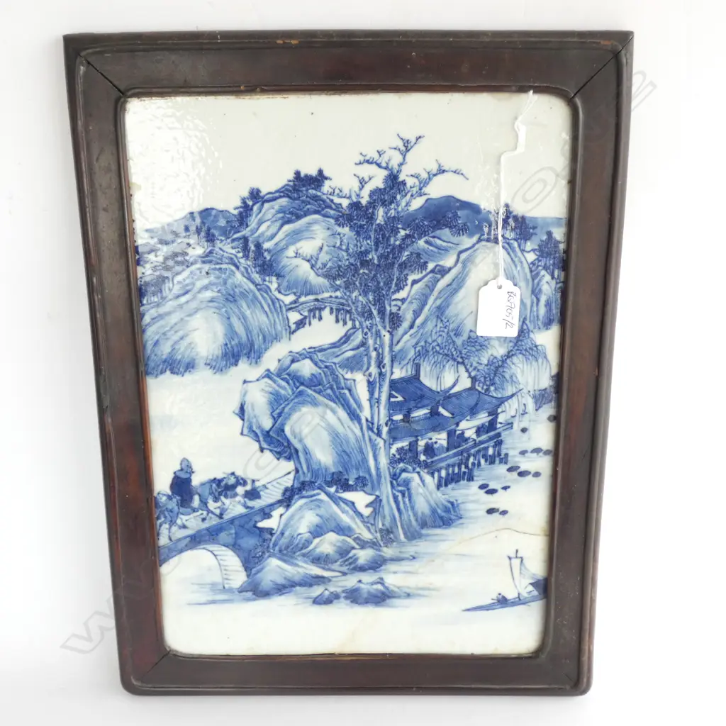 FRAMED CHINESE BLUE AND WHITE PORCELAIN PANEL CRACK TO LOWER CORNER 420 X 310 MM Image 1++