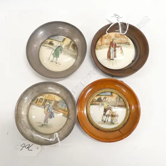 4 ROYAL DOULTON DICKENS WARE PLAQUES; 2 WOOD FRAMED 2 SILVER