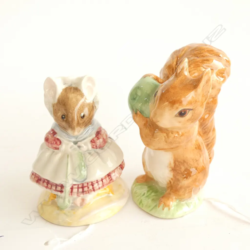 2 X ROYAL ALBERT BEATRIX POTTER FIGURINES - SQUIRREL NUTKIN & OLD LADY WHO LIVED IN A SHOE KNITTING Image 1++