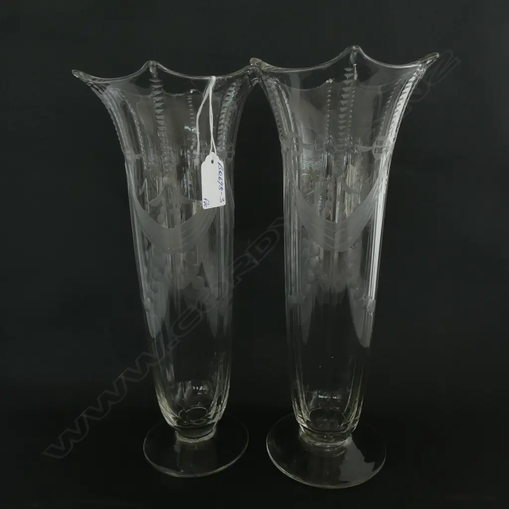 PR EDWARDIAN CUT GLASS TRUMPET VASES  Image 1++