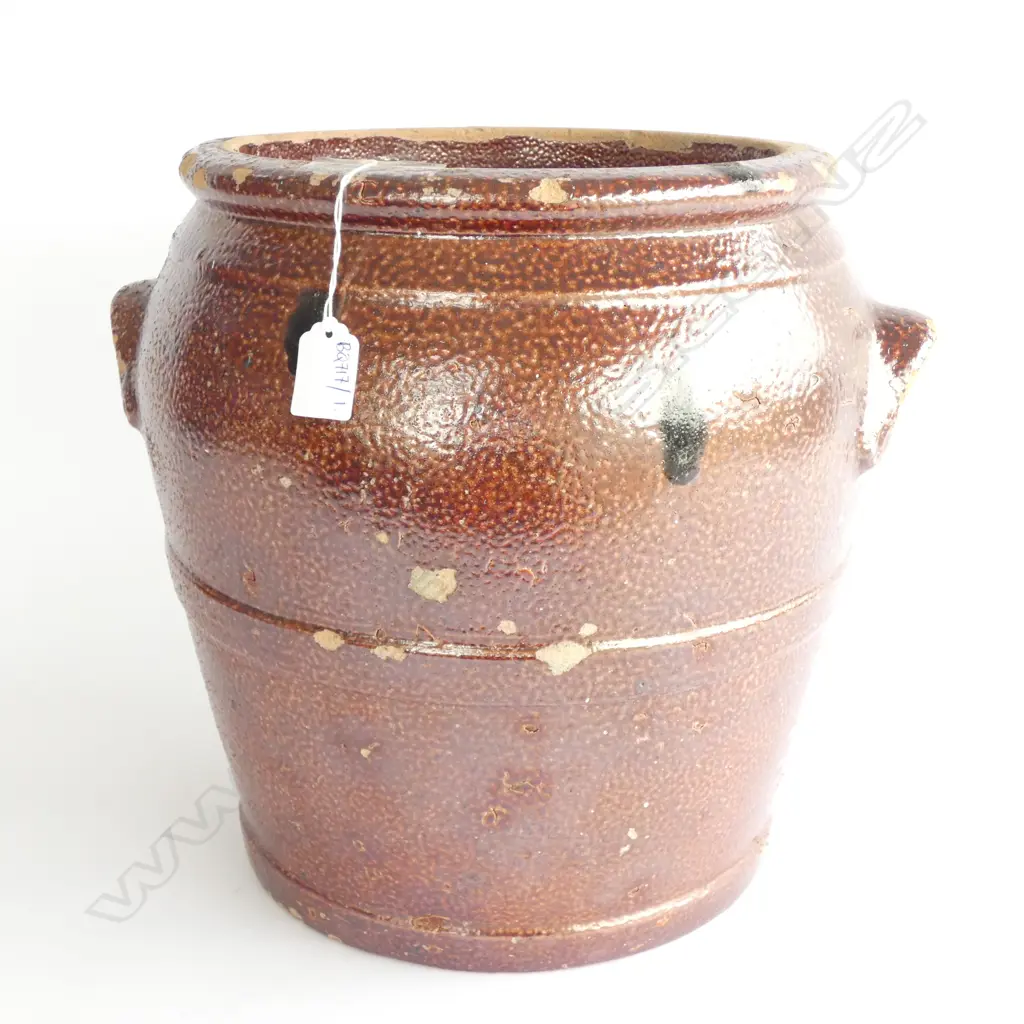 LGE BROWN SALT GLAZE POT STAMPED NZ BRICK CO NEW LYNN TO BASE AF H. 340MM Image 1++