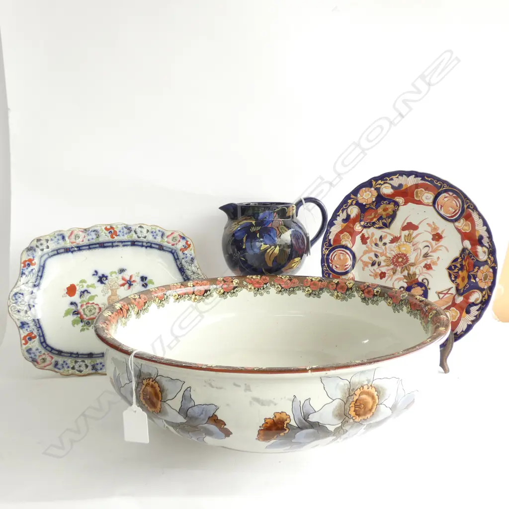 FURNIVALS VICTORIAN WASHBOWL 390MM DIA, R/STANLEYWARE JUG  + MASONS PLATE & WEDGWOOD DISH BOTH AF Image 1++