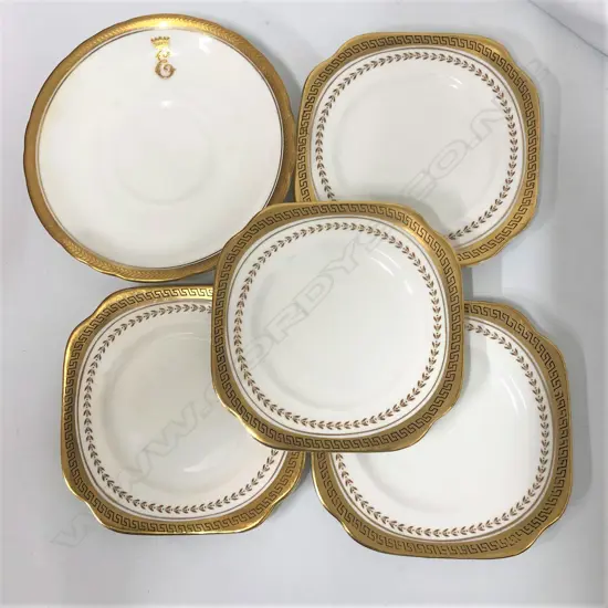 5 GOLD RIMMED PLATES EX QEII'S NEW YEARS DINNER 1953