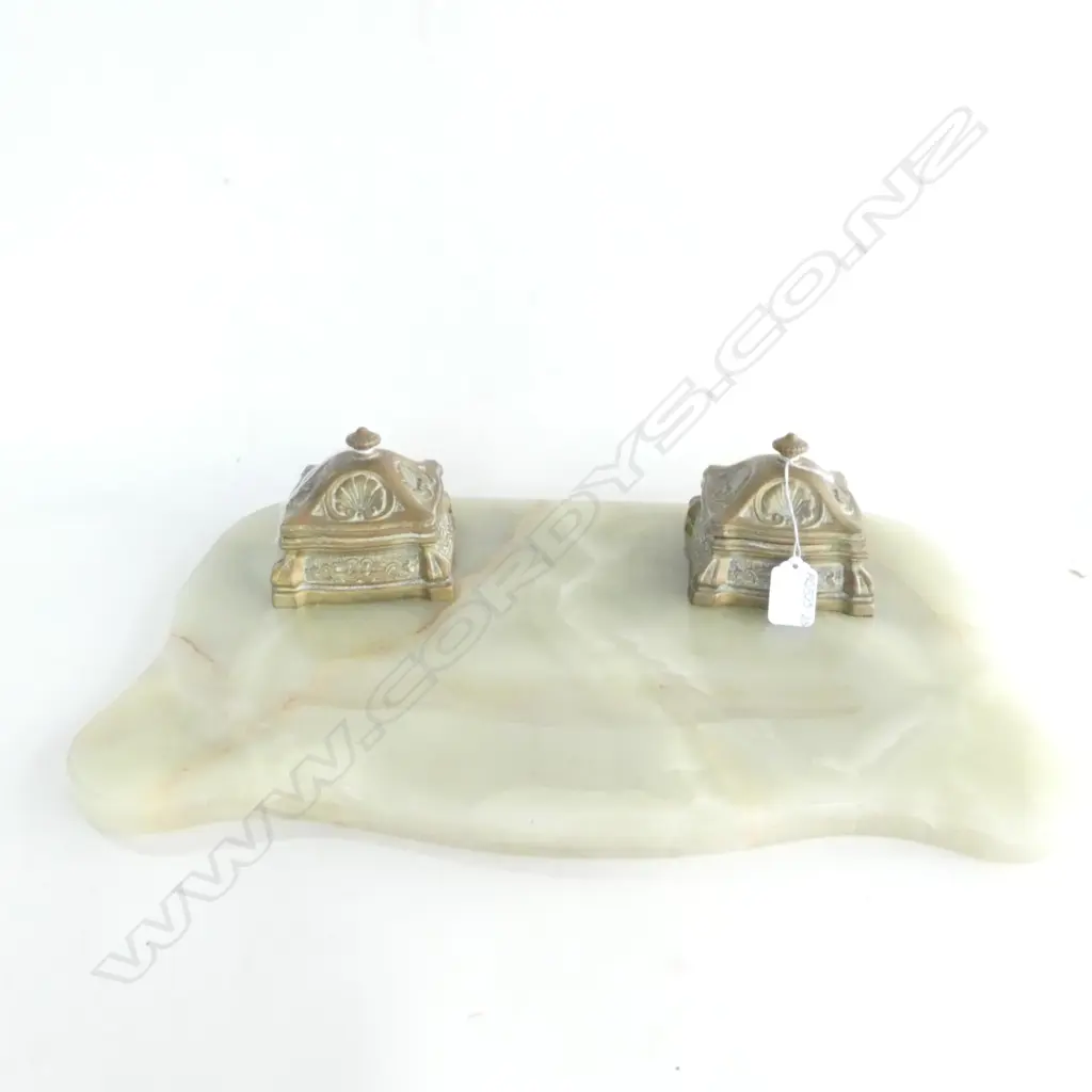 INK STAND 2 BRASS POTS ON GREEN MARBLE SLAB. 450 X 280MM Image 1++