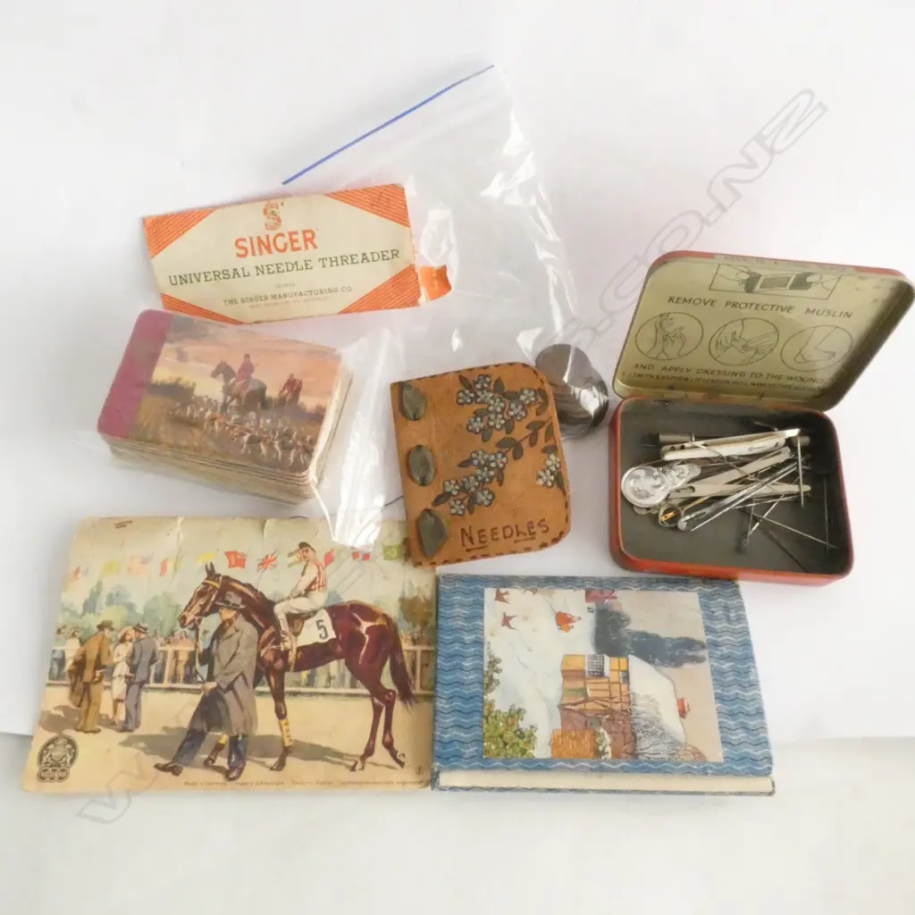 BAG OLD NEEDLE CARD HOLDERS, INCL. NEEDLES, OLD PLAYING CARDS & OLD COPPER COINS (MOSTLY NZ) Image 1++