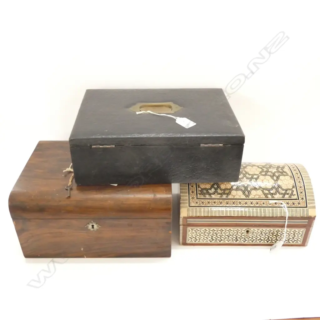 3 BOXES; INLAY, WOODEN, LEATHER BOUND WRITING BOX Image 1++