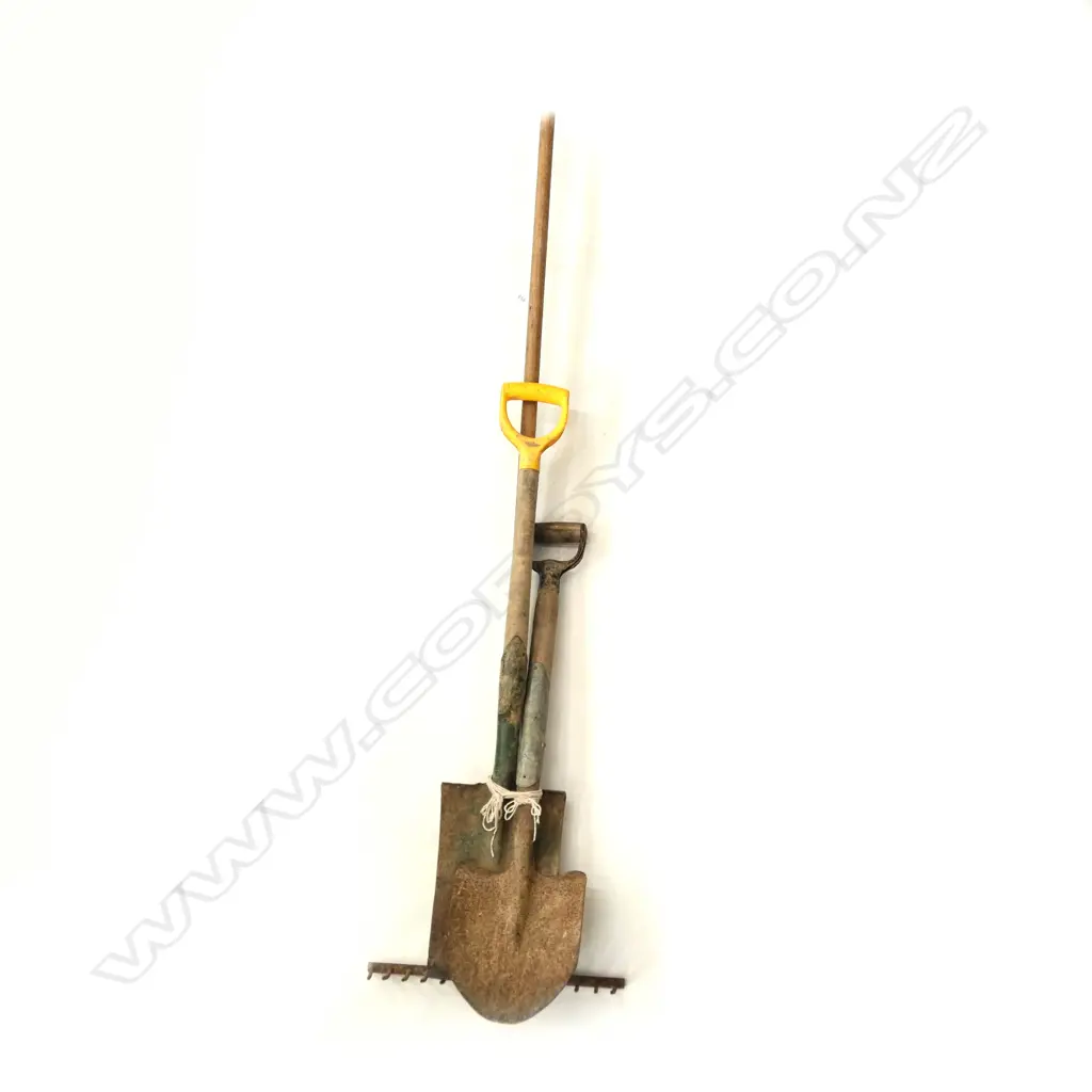 TWO OLD GARDEN SPADES & LARGE GARDEN RAKE Image 1++