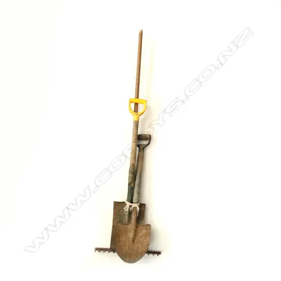 TWO OLD GARDEN SPADES & LARGE GARDEN RAKE