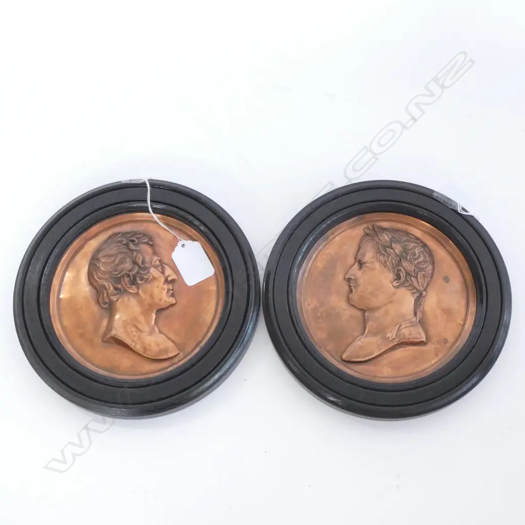 FRAMED COPPER PLAQUES; NAPOLEAN & DUKE OF WELLINGTON POST BATTLE OF WATERLOO DIA. 185MM Image 1++