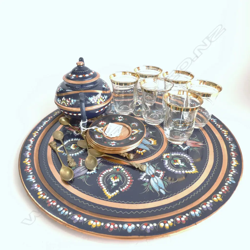 TURKISH PAINTED COPPER TEA SET: POT & TRAY Image 1++
