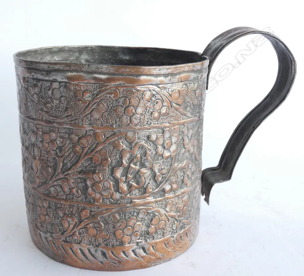 COPPER MUG DECORATED. EMBOSSED FLORAL BANDS A/F Image 1++