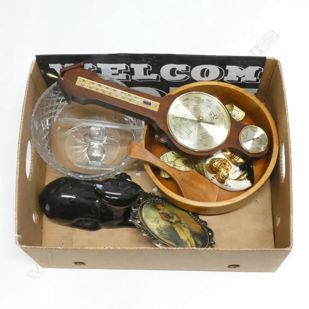BOX LOT ASST. BAROMETER, GLASS BOWL, WOODEN BOWL ETC. Image 1++
