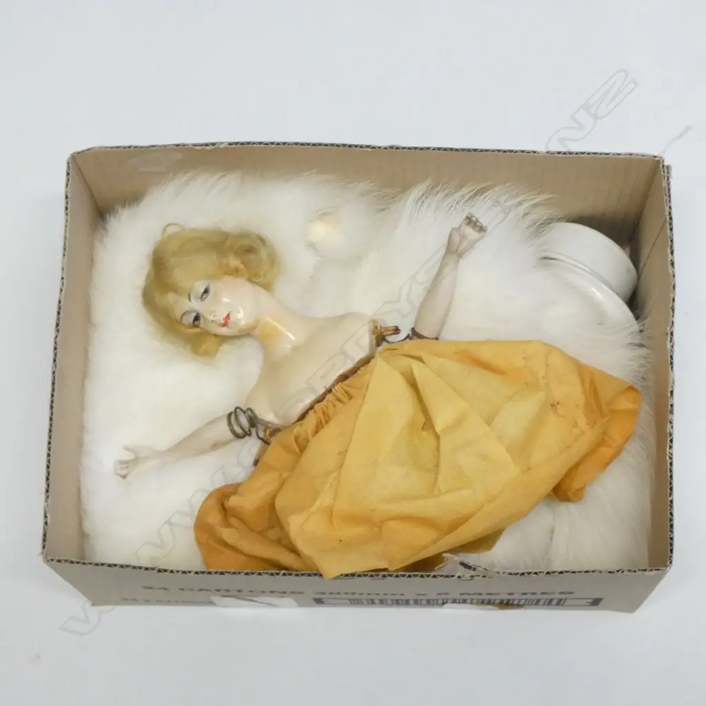 BOX LOT GERMAN DOLL, WHITE FUR, VICTORIAN TOOTHPASTE CONTAINER Image 1++