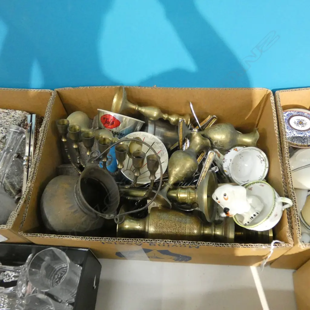 BOX LOT ASST. BRASS, CUTLERY, CHINA ETC Image 1++