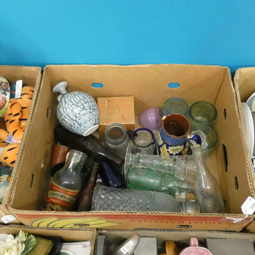 BOX LOT ASST. GLASSWARE  INCL. OLD NZ BOTTLES; CODD ETC Image 1++