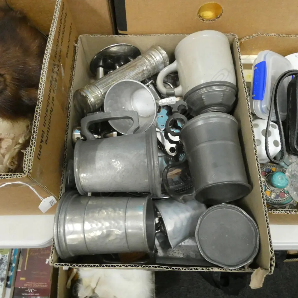 BOX LOT PEWTER & SILVER PLATE ETC. INC. OLD TORCH & TANKARDS Image 1++