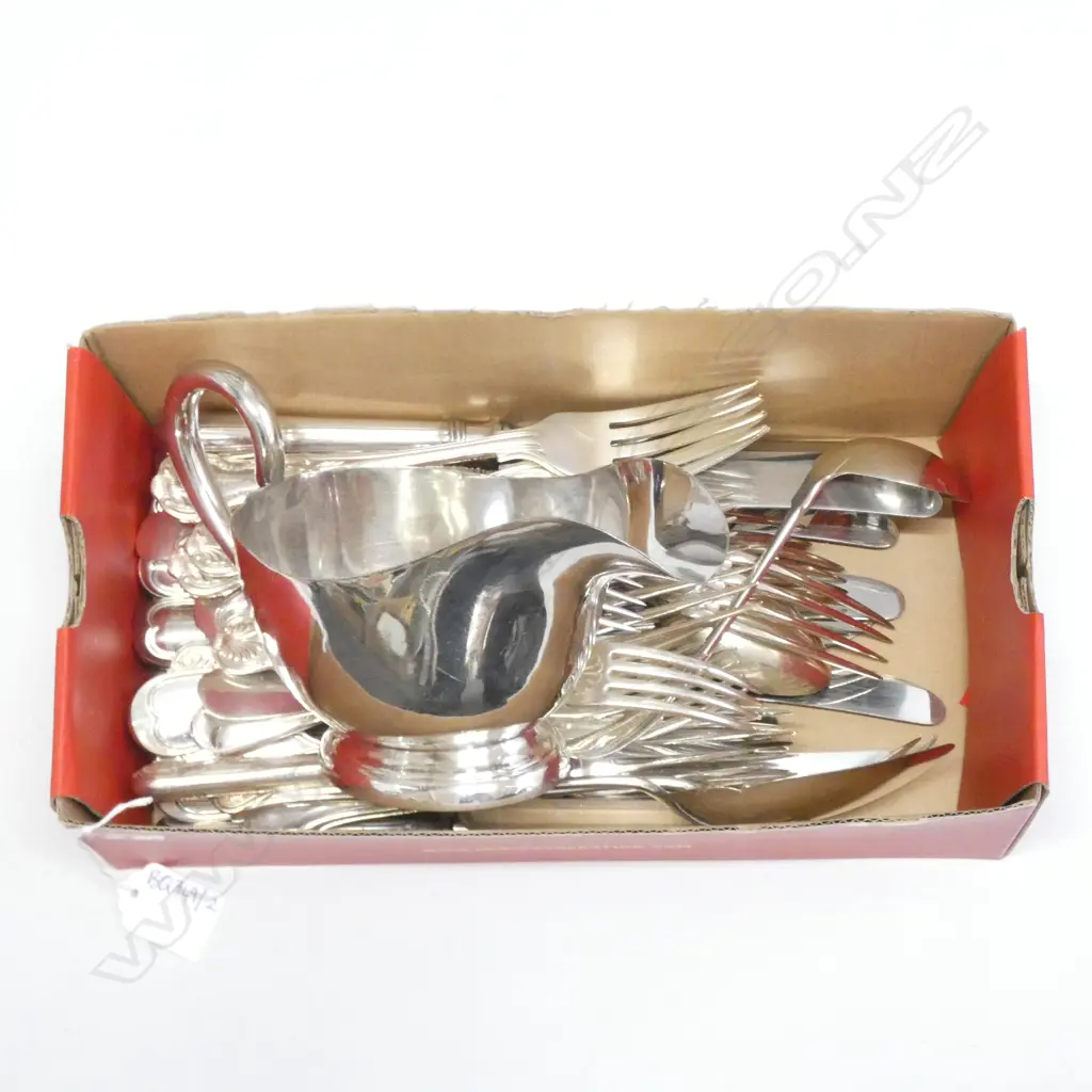 BOX LOT SILVER PLATE CUTLERY + SAUCE BOAT Image 1++