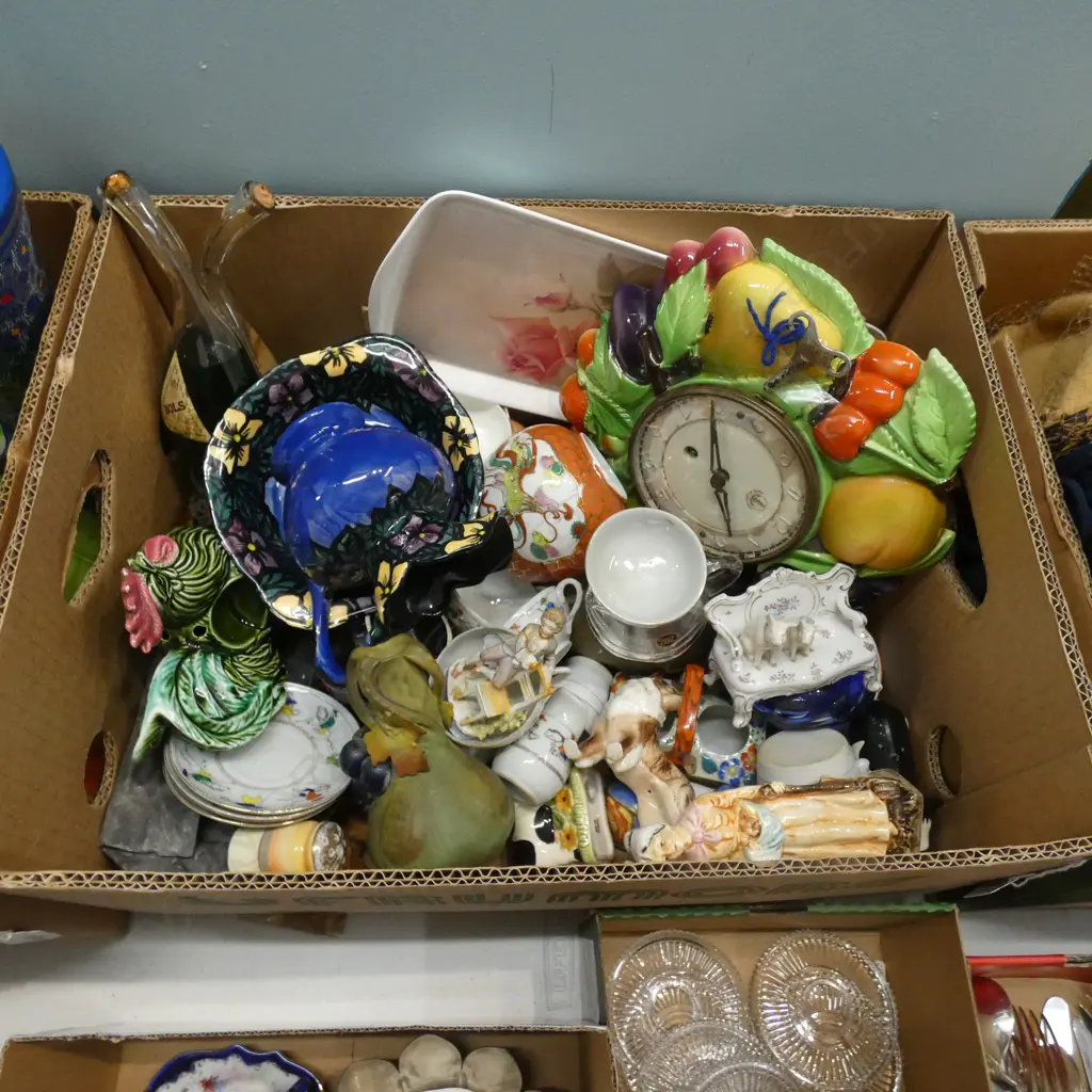 BOX LOT FIGURINES, FRUIT CLOCK ETC Image 1++