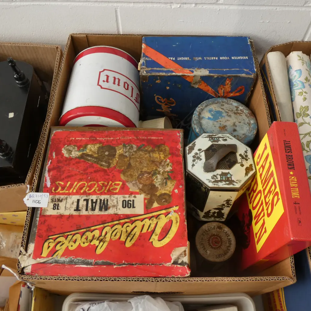 BOX LOT ASST. VINTAGE TINS ETC Image 1++