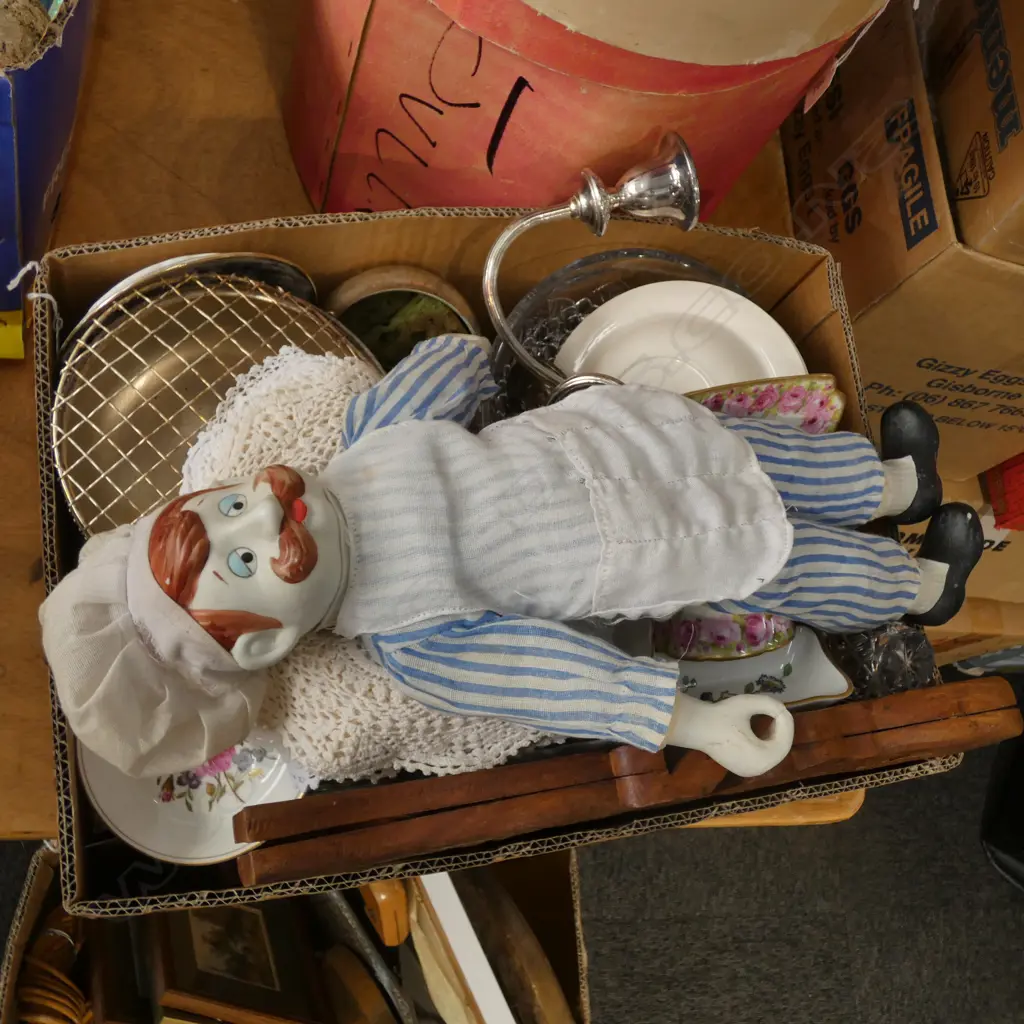 BOX LOT ASST. EPNS, CHEF DOLL ETC Image 1++