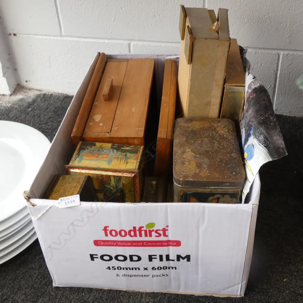 BOX LOT VINTAGE TINS, WOODEN BOX ETC  Image 1++