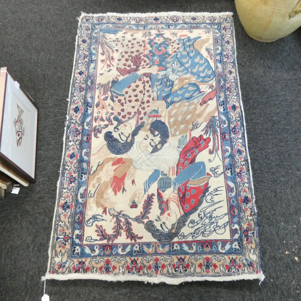 HAND KNOTTED FINE WOOL & SILK PILE PICTORIAL RUG 1230 X 750MM Image 1++
