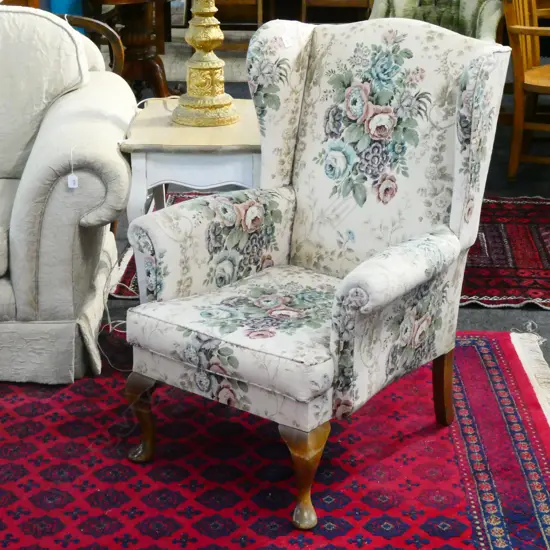 WING BACK CHAIR FLORAL LINEN UPHOLSTERY H.1000MM