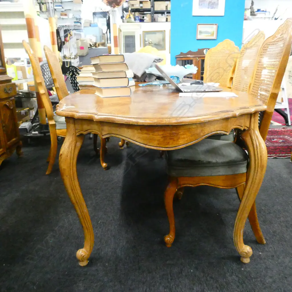 FRENCH STYLE PARQUET TOP DINING TABLE + 2 LEAVES + 6 CHAIRS  Image 1++