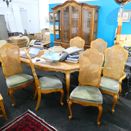 FRENCH STYLE PARQUET TOP DINING TABLE + 2 LEAVES + 6 CHAIRS 